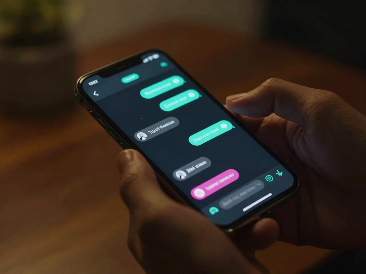 Close-up of hands holding a smartphone displaying a sleek, dark U