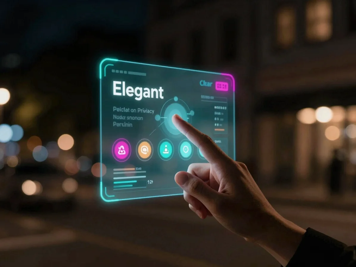 Elegant hand interacting with a holographic privacy settings inte