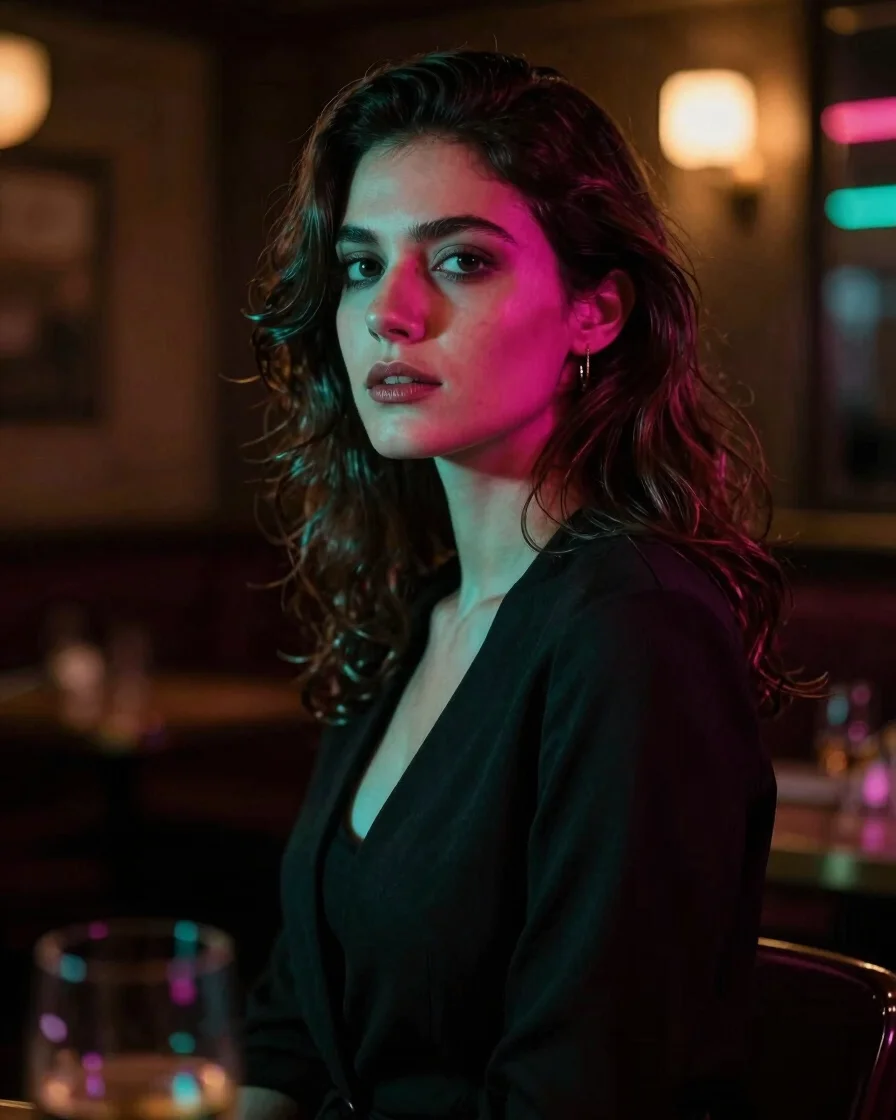 Portrait éditorial d'une femme élégante dans un club privé sombre