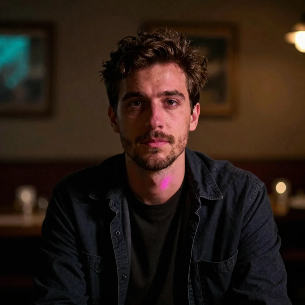 Portrait éditorial d'un homme réfléchi, bar sombre, éclairage amb