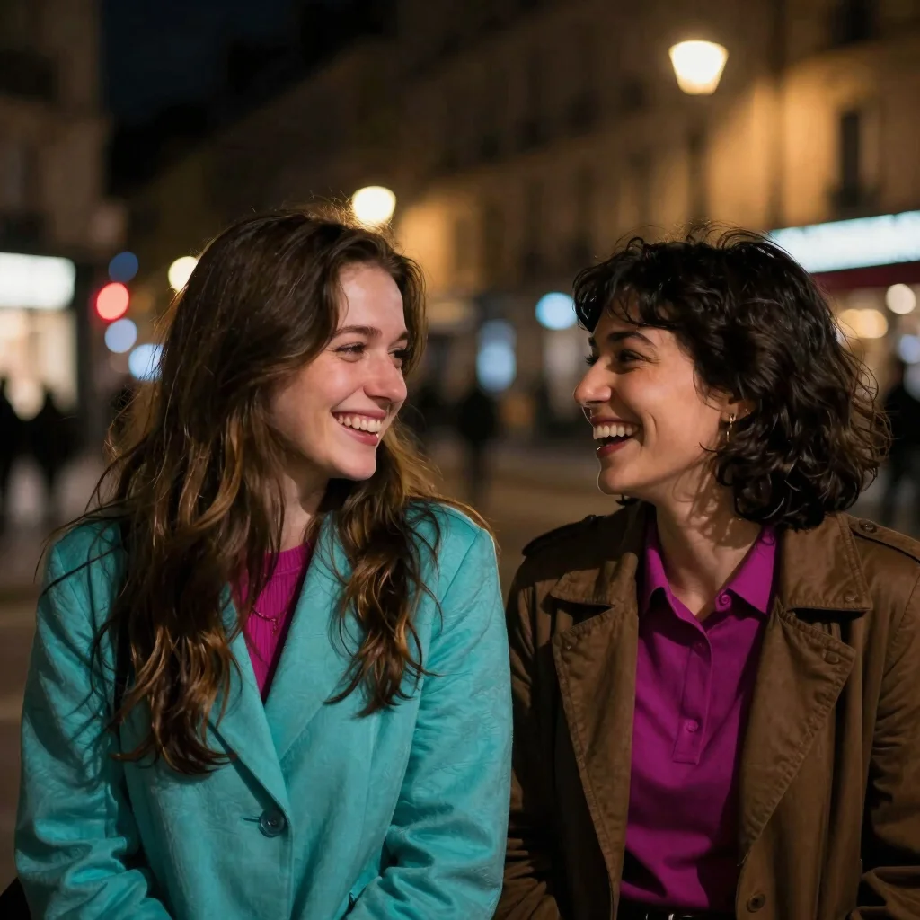Scène de vie urbaine nocturne, deux personnes riant subtilement,